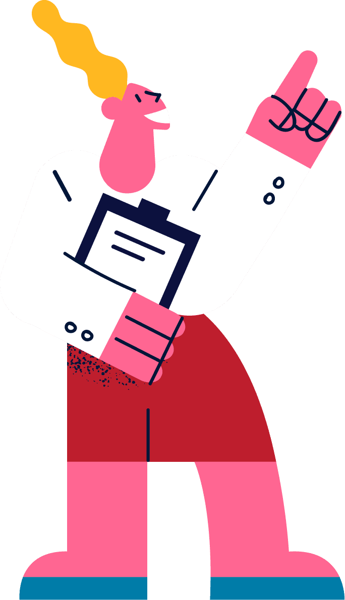 Illustration of a person holding a clipboard, representing the centralized dashboard feature of the Kochi app where users can manage their assistive technology needs