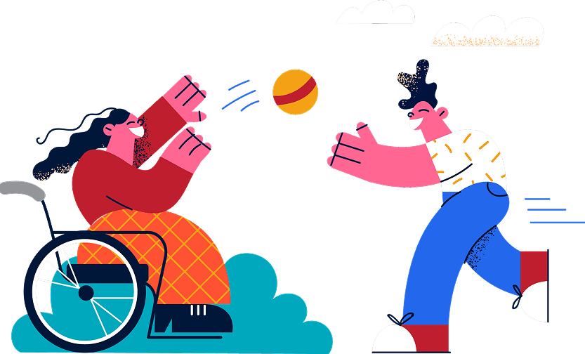 Illustration of a happy woman in a wheelchair playing ball with a child, representing independence and joy through assistive technology